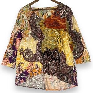 Chico's L Boho Paisley Cotton Modal Blouse Neutral 2 Artsy Art to Wear Light